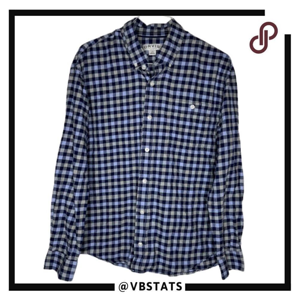 Orvis Large Blue and Charcoal Plaid Long Sleeve‎ Button Down Shirt
